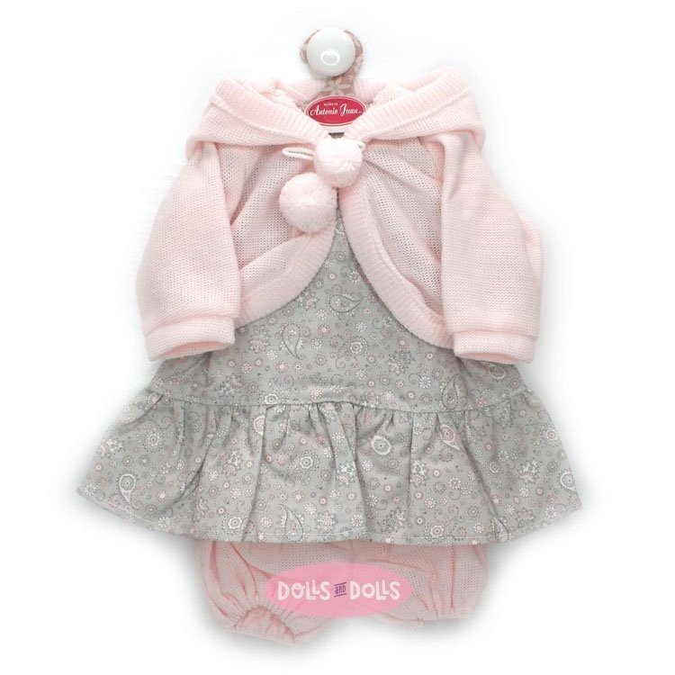 Outfit für Antonio Juan Puppe 52 cm - Mi Primer Reborn Collection - Graues geblümtes Kleid mit rosa Jacke und Hose