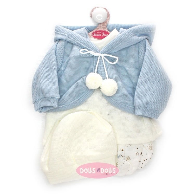 Outfit für Antonio Juan Puppe 52 cm - Mi Primer Reborn Collection - Weißes Kleid mit hellblauer Jacke und weißem Hut