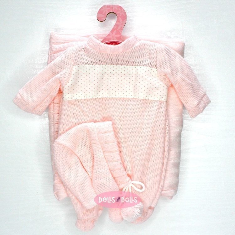 Outfit für Antonio Juan Puppe 33-34 cm - Rosa gepunkteter Strampelanzug mit Hut und Decke