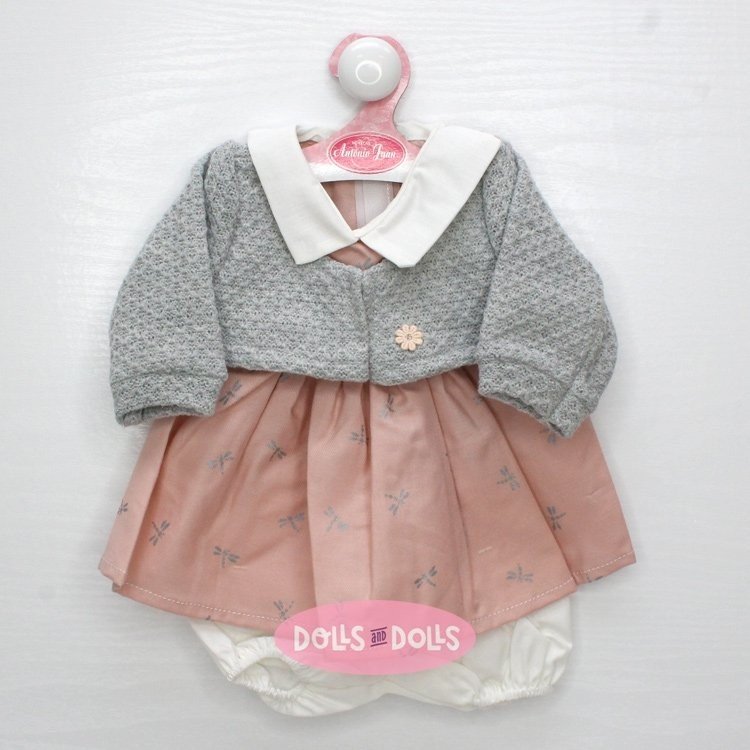 Outfit für Antonio Juan Puppe 40-42 cm - Rosa Kleid mit Libellen und grauer Jacke