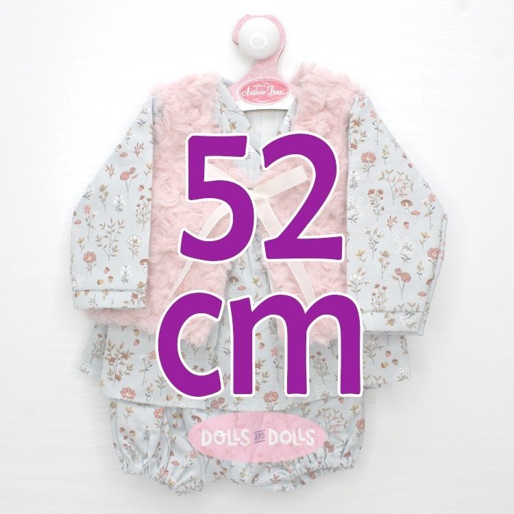 Outfit für Antonio Juan Puppe 52 cm - Mi Primer Reborn Collection - Blaues Blumenoutfit mit rosa Weste