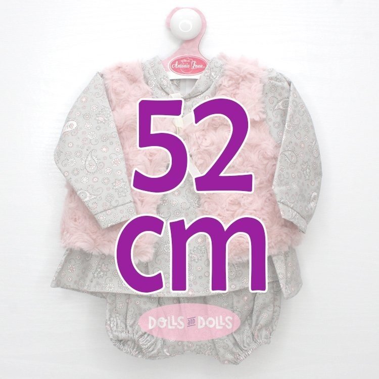 Outfit für Antonio Juan Puppe 52 cm - Mi Primer Reborn Collection - Graues Blumenoutfit mit rosa Weste