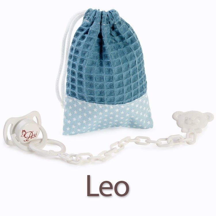 Ergänzungen für Leo-Puppen von Así - Schnuller und hellblaue Tasche mit weißen Sternen