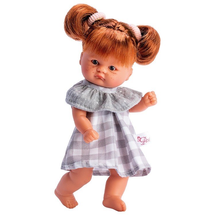 Así Puppe 20 cm - Bomboncín Mädchen mit grau kariertem Kleid mit grauem Chiffonkragen