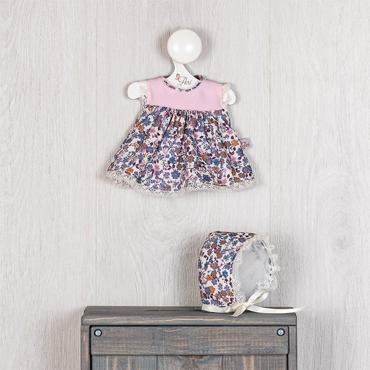 Outfit für Así Puppe 28 cm - Blaues Blumenkleid mit rosa Lätzchen für Gordi Puppe