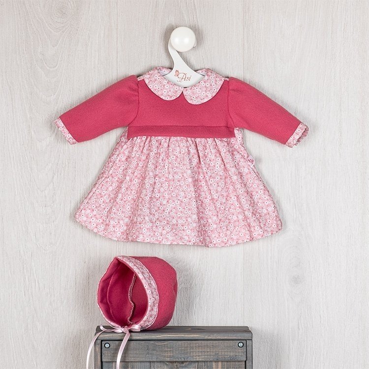 Outfit für Así-Puppe 46 cm - Rosa geblümtes Kleid mit fuchsiafarbenem Latz für Leo-Puppe