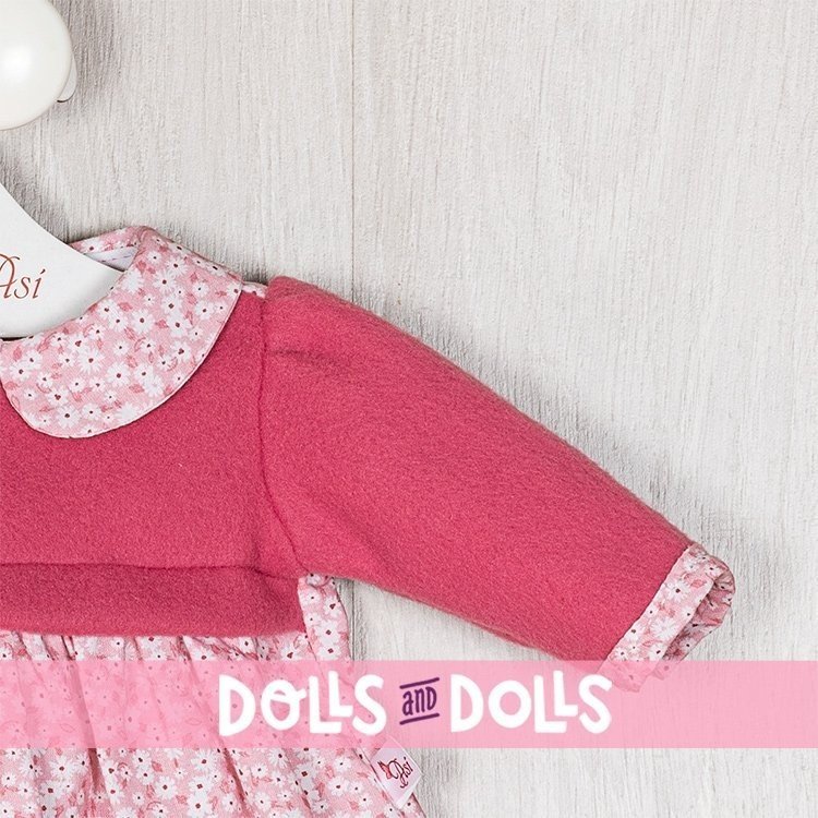 Outfit für Así-Puppe 46 cm - Rosa geblümtes Kleid mit fuchsiafarbenem Latz für Leo-Puppe