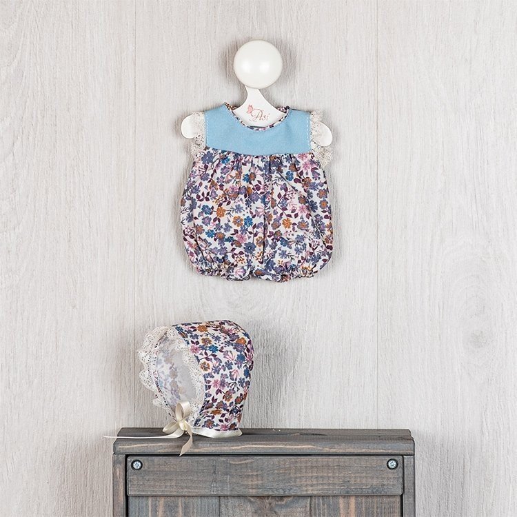 Outfit für Así Puppe 28 cm - Blauer geblümter Strampler mit blauem Lätzchen für Gordi Puppe