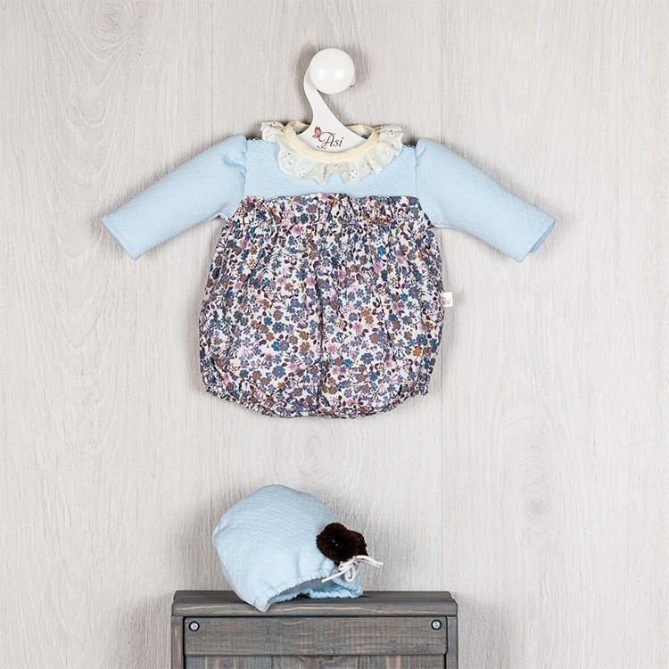 Outfit für Así-Puppe 46 cm - Blauer Blumenspielanzug mit hellblauem Lätzchen für Leo-Puppe