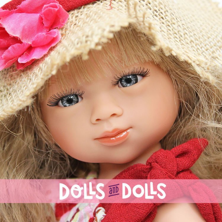 D'Nenes Puppe 34 cm - Marieta mit rot geblümtem Kleid und Strohhut