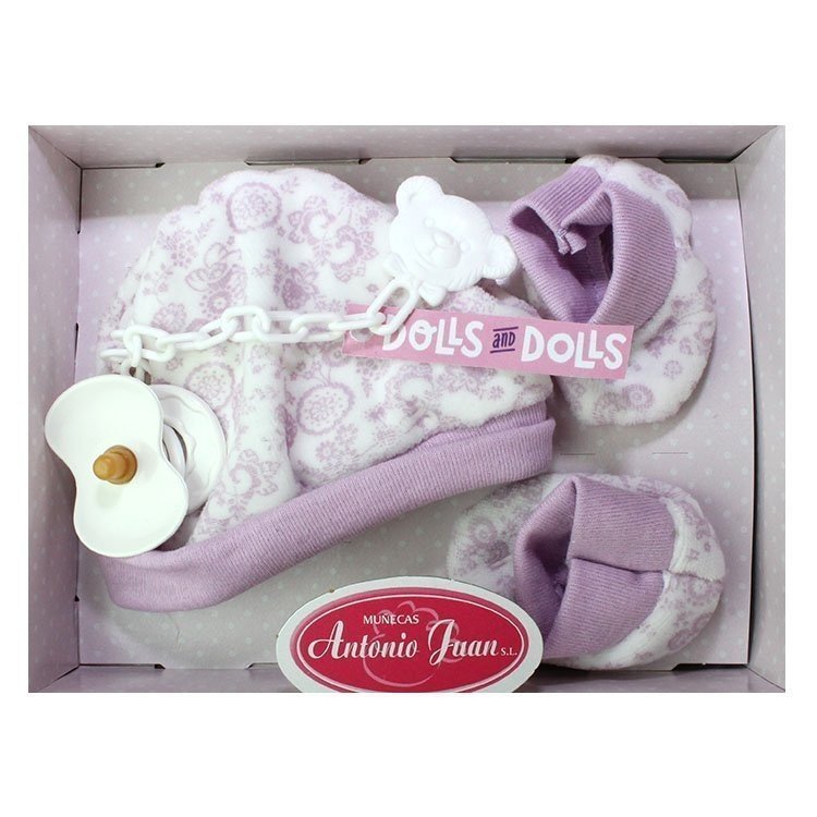 Mütze und Stiefeletten lila Set mit Blumen und Schnuller, 40-42 cm