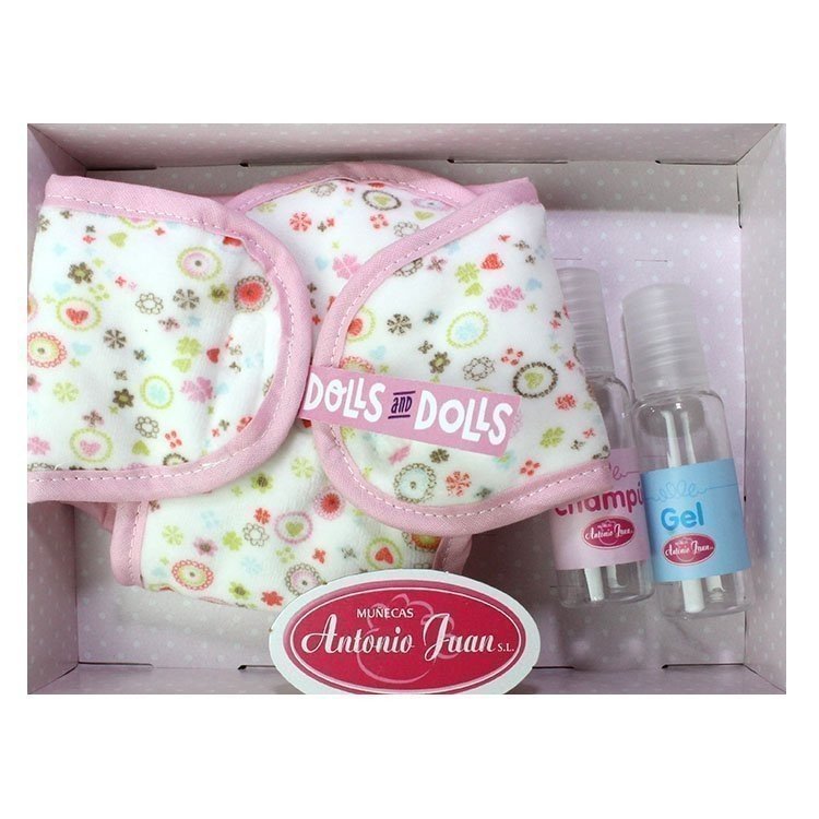 Set rosa Windel mit Kreisen und Blumen, Flasche für Gel und Flasche für Shampoo, 40-42 cm