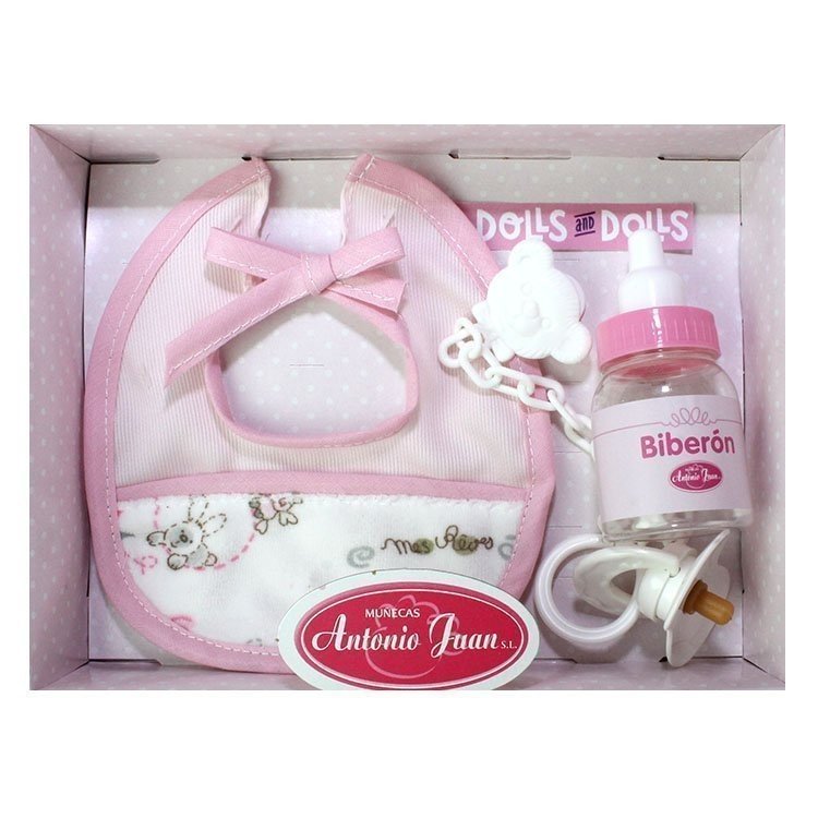 Set Süßes rosa Lätzchen, Flasche und Schnuller, 40-42 cm