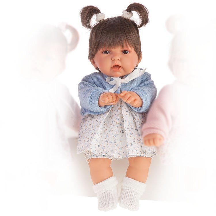 Antonio Juan Puppe 27 cm - Petite brunette mit Zöpfen und mit blauem Kleid