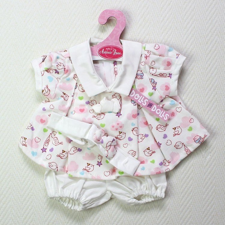 Antonio Juan Puppenoutfit - Weißes Kleid mit Vögeln und Herzen mit Stirnband 40-42 cm