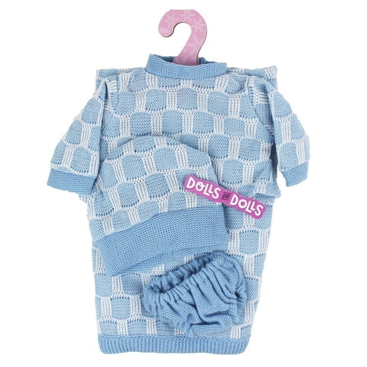 Antonio Juan Puppenoutfit 33-34 cm - Blaues Strickoutfit mit passender Mütze und Decke