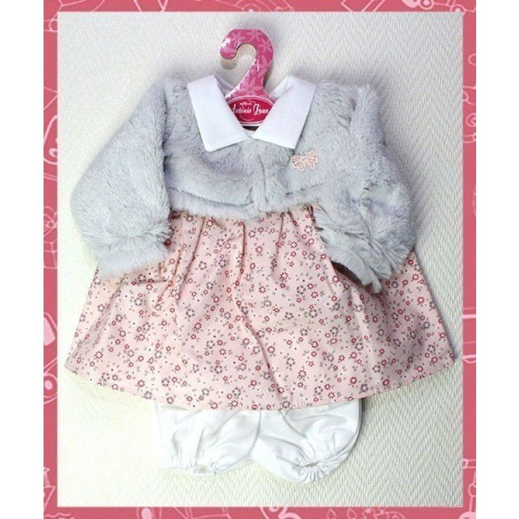 Vestido salmón con flores y chaqueta de pelo gris 40-42 cm