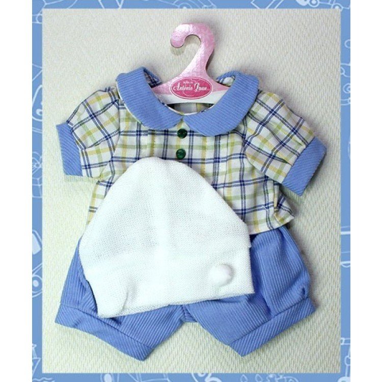 Conjunto cuadros azul amarillo con gorro 40-42 cm