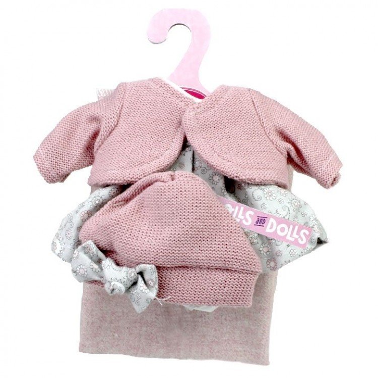 Antonio Juan Puppenoutfit 26-27 cm - Grau geblümtes Outfit mit rosa Jacke, Hut und Decke