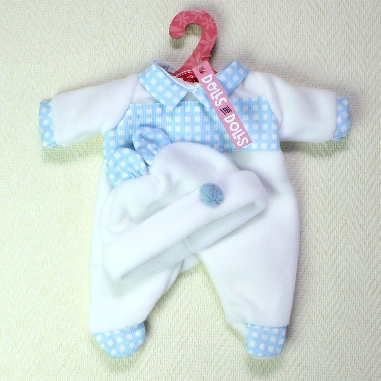 Weißer und blauer Pyjama und Hut mit Ohren 33-34 cm