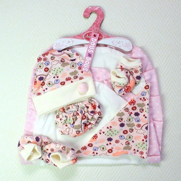 Vogel-Set: Laken, Höschen, Stiefeletten, Fäustlinge, Mütze und Kopftuch 33-34 cm