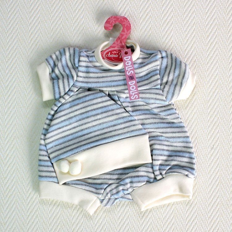 Antonio Juan Puppenoutfit - Strampler mit blau-grau-ecru Streifen mit Hut 40-42 cm