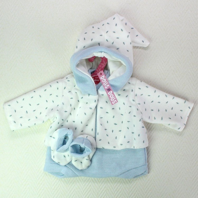 Blauer Strampler mit Hutjacke und Stiefeletten mit Blättern 40-42 cm