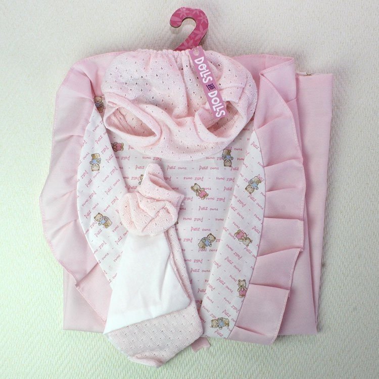 Rosa Puppendecke, Höschen, Stiefeletten und Einstecktuch 40-42 cm