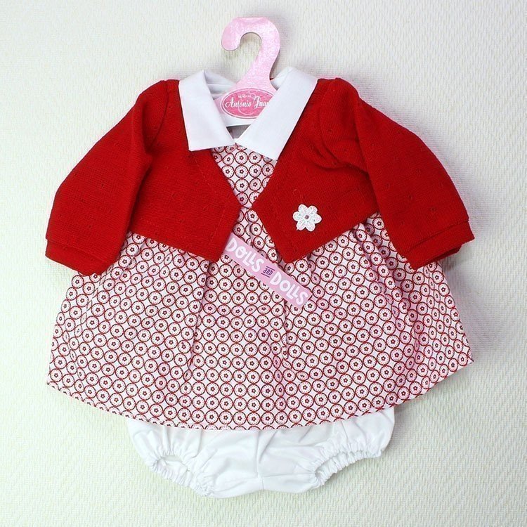 Antonio Juan Puppenoutfit - Kleid rote Kreise und Blumen mit roter Jacke durchbrochen 40-42 cm