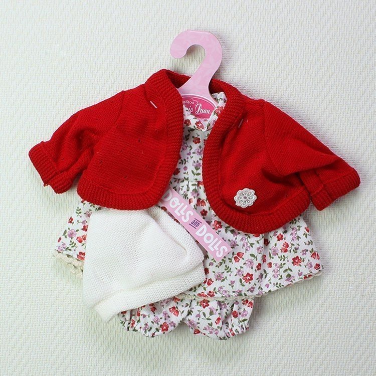 Antonio Juan Puppenoutfit -Weißes Kleid mit Blumen mit roter Jacke und Hut 33-34 cm