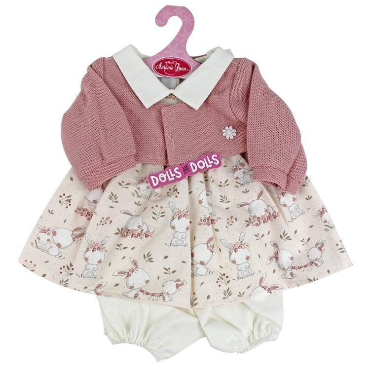 Antonio Juan Puppenoutfit 40-42 cm - Kleid mit Hasen-Print und rosa Jacke