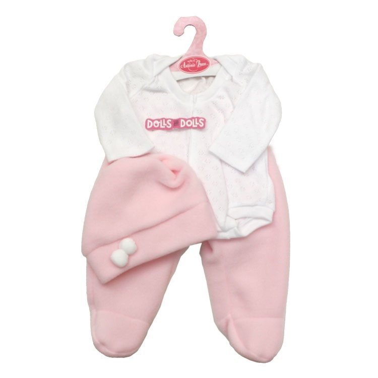 Outfit für Antonio Juan Puppe 40-42 cm - Weißer langärmeliger Body mit Leggings und rosa Hut