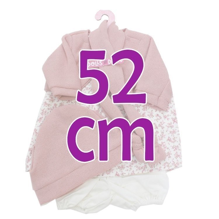 Outfit für Antonio Juan Puppe 52 cm - Mi Primer Reborn Collection - Blumenkleid mit rosa Jacke, Schal und Mütze