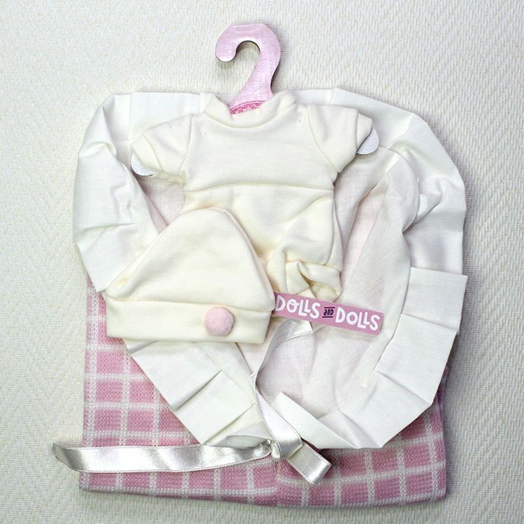 Antonio Juan Puppenoutfit - Beige Strampler mit Hut mit rosa Quadraten Decke 26-27 cm