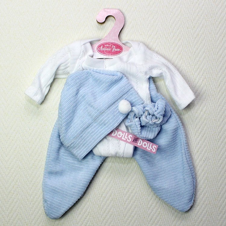 Antonio Juan Puppen-Outfit - Body mit langen Ärmeln, Leggings, Mütze und Fäustlingen - blau-weiß 33-34 cm