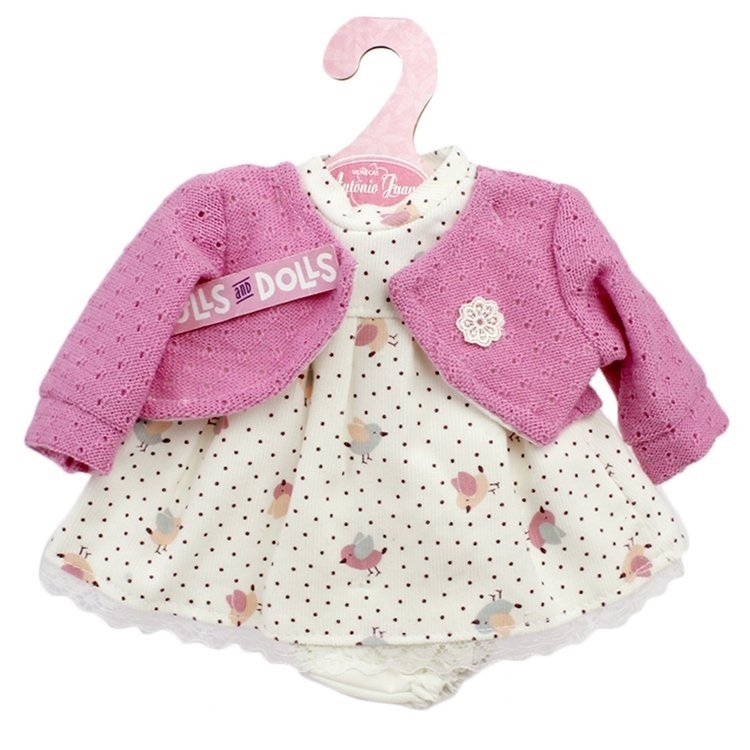 Antonio Juan Puppenoutfit 33-34 cm - Kleid mit Vögeln bedruckt und rosa Jacke
