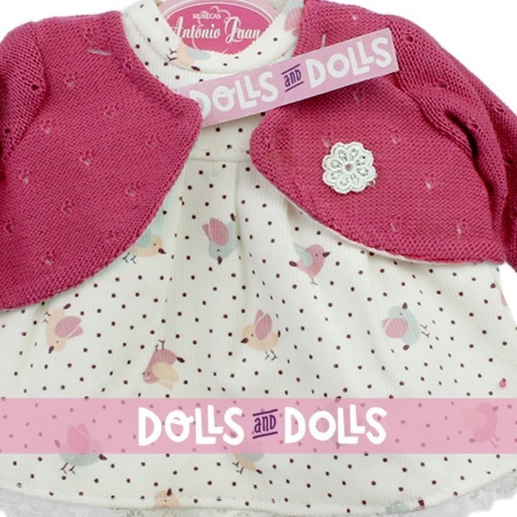 Antonio Juan Puppenoutfit 33-34 cm - Kleid mit Vögeln bedruckt und hellrosa Jacke