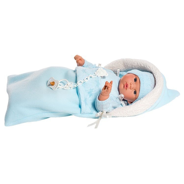Así Puppe 36 cm - Koke mit Strickspielanzug mit hellblauen Sternen Schlafsack