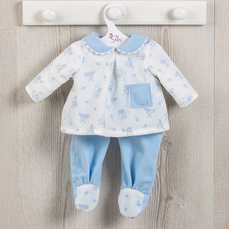 Outfit für Así Puppe 36 cm - Bär und Monde hellblau bedruckter Pyjama für Koke