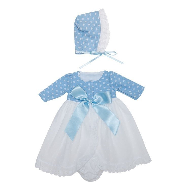 Outfit für Así-Puppe 43 cm - Langes weißes Plumeti-Kleid mit blauem Strick und Mütze
