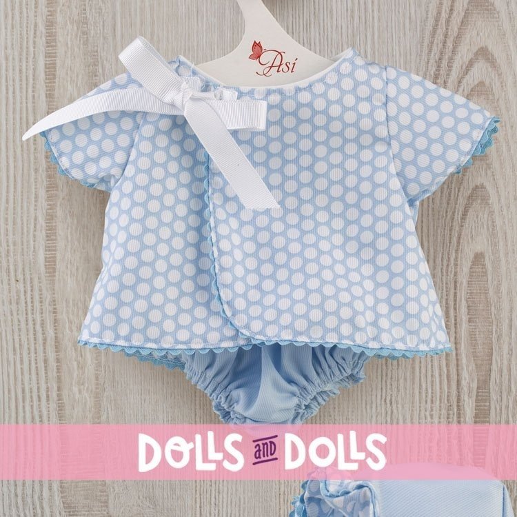 Outfit für Así-Puppe 43 cm - Pique hellblaues Kleid mit weißen Kreisen für Pablo-Puppe