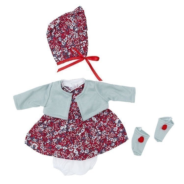 Outfit für Así Puppe 36 cm - Graues und rotes Blumenkleid mit grauer Jacke mit Hut und Stiefeletten für Koke Puppe