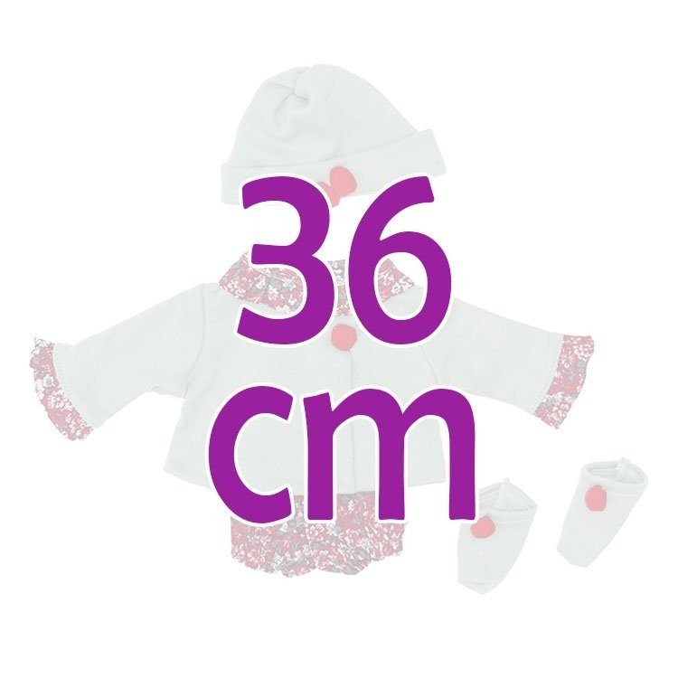 Outfit für Así-Puppe 36 cm - Blumen grauer und roter Strampler mit Jacke, Stiefeletten und Hut, für Koke-Puppe