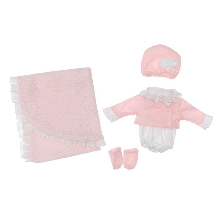 Outfit für Así-Puppe 36 cm - Weißer Strampler und rosa Jacke, Stiefeletten und Decke für Koke-Puppe