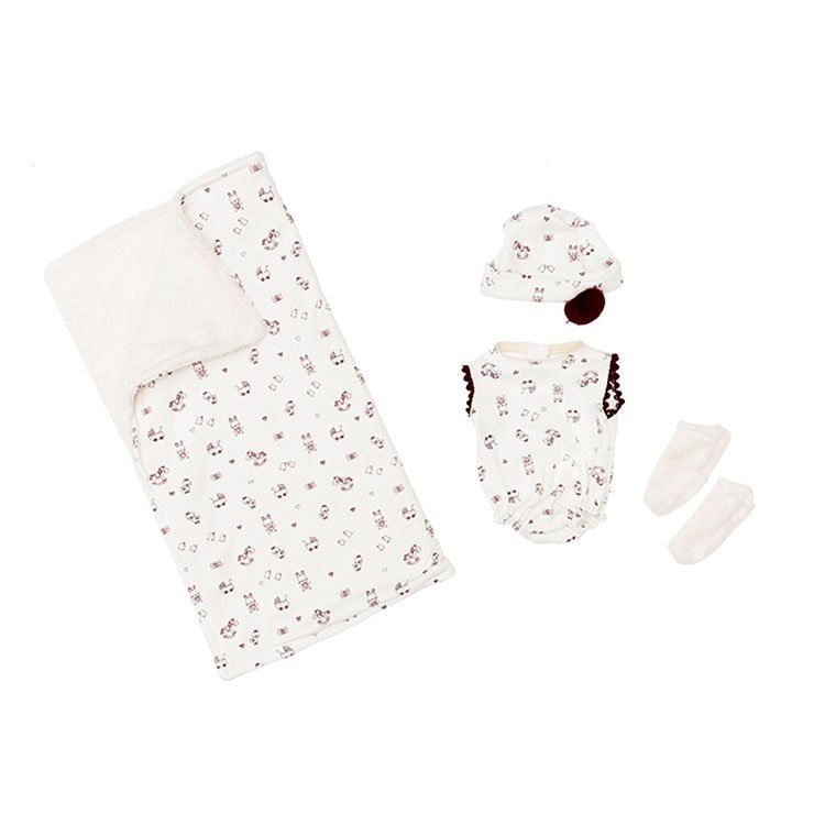 Outfit für Así Puppe 36 cm - Gestricktes beige Set mit Mütze, Stiefeletten und Polardecke für Koke Puppe