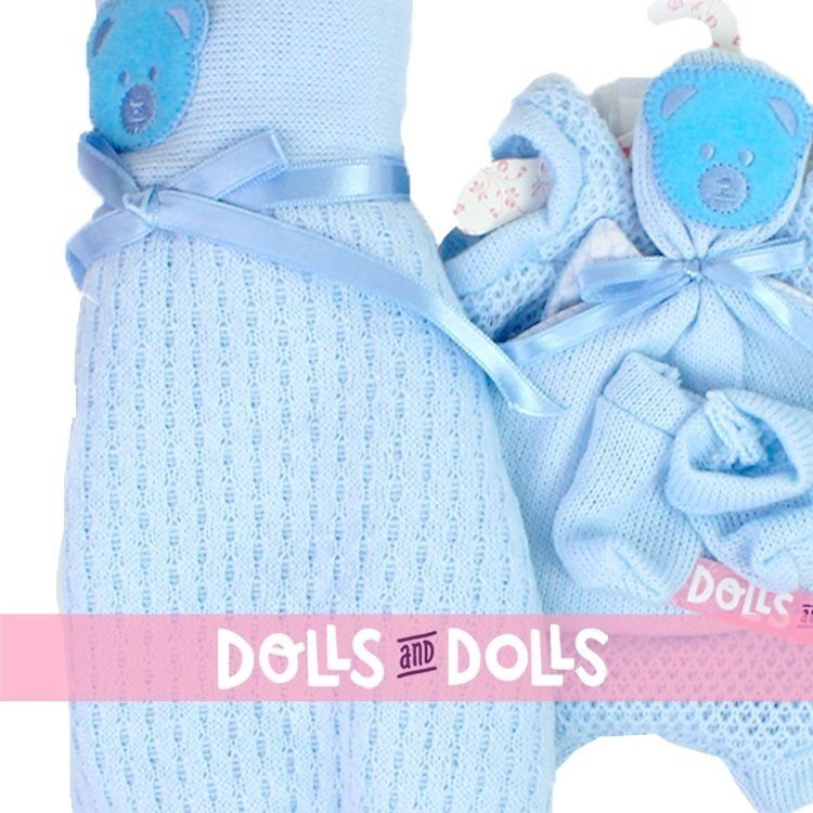 Kleidung für Llorens Puppen 35 cm - Blaues Outfit mit Doudo Teddybär, Stiefeletten und Decke boot