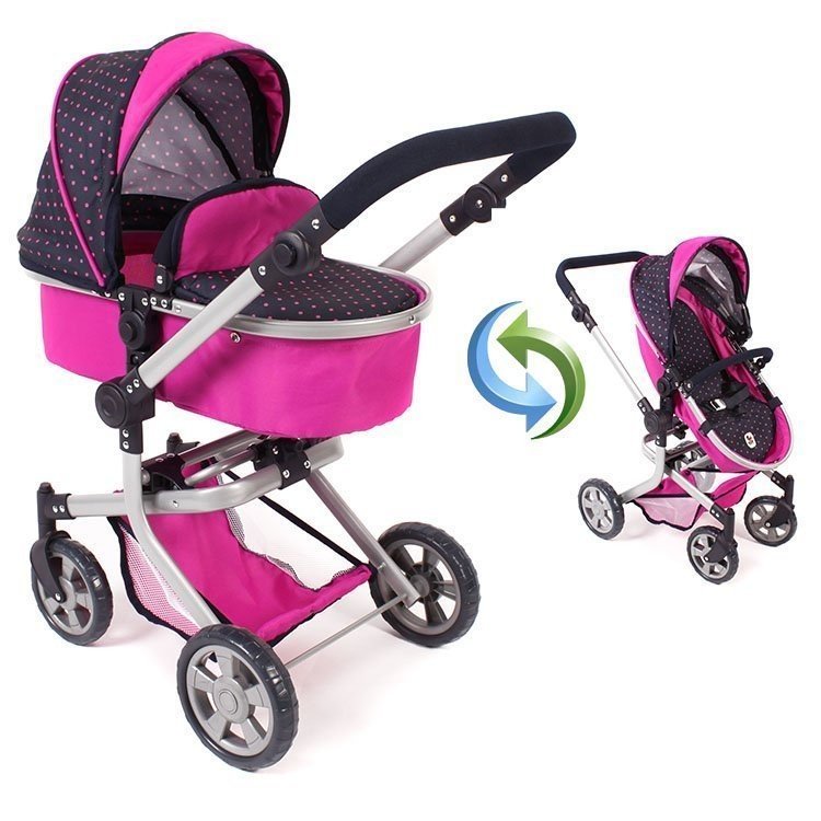 Mika Kinderwagen 74,5 cm umbaubar zum Kinderwagen für Puppen - Bayer Chic 2000 - Fuchsia und Navy mit Tupfen