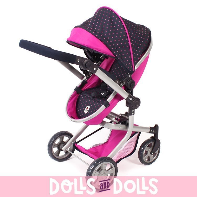 Mika Kinderwagen 74,5 cm umbaubar zum Kinderwagen für Puppen - Bayer Chic 2000 - Fuchsia und Navy mit Tupfen