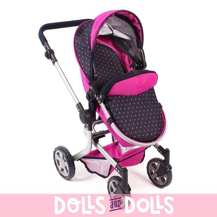 Mika Kinderwagen 74,5 cm umbaubar zum Kinderwagen für Puppen - Bayer Chic 2000 - Fuchsia und Navy mit Tupfen