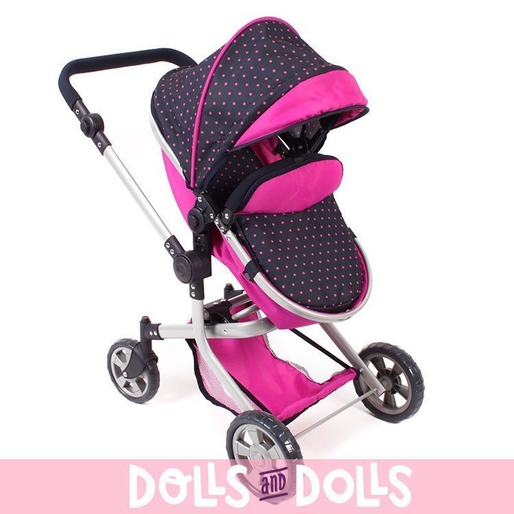 Mika Kinderwagen 74,5 cm umbaubar zum Kinderwagen für Puppen - Bayer Chic 2000 - Fuchsia und Navy mit Tupfen